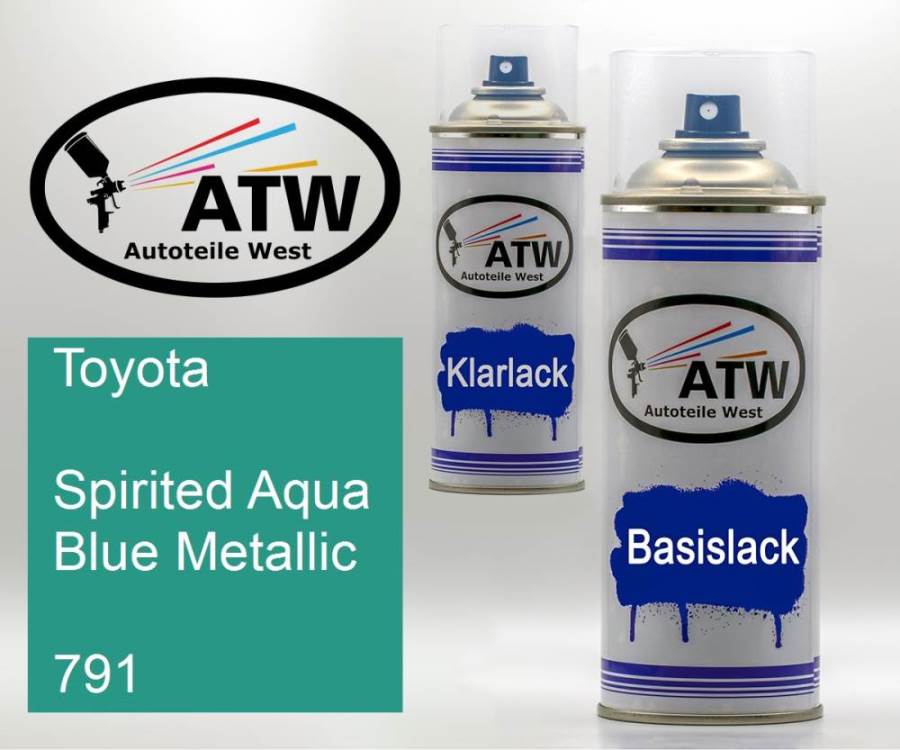Toyota, Spirited Aqua Blue Metallic, 791: 400ml Sprühdose + 400ml Klarlack - Set, von ATW Autoteile West.